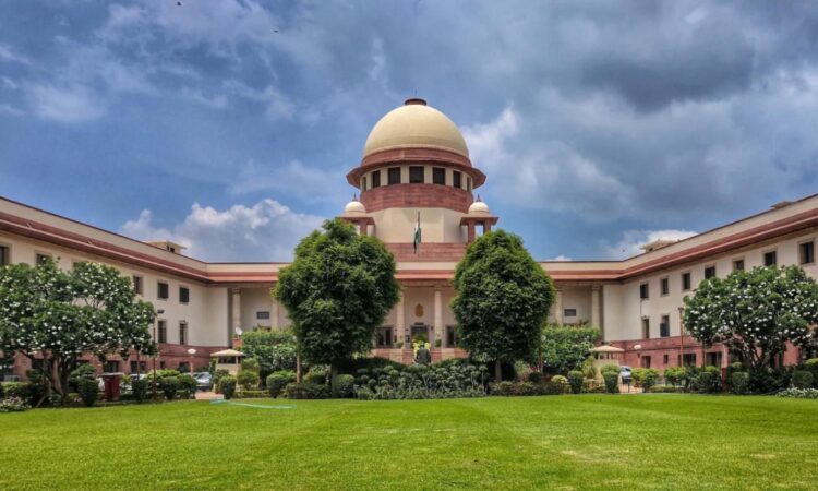 Supreme Court building in India, symbolizing judicial proceedings, with a gavel and legal documents representing the disqualification case of Telangana MLAs