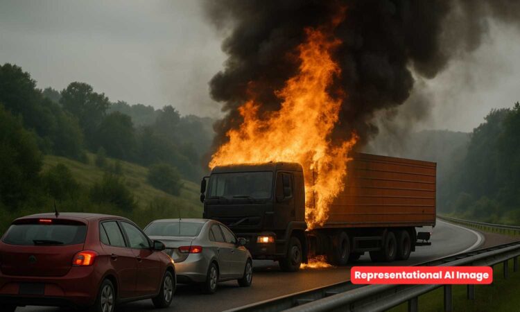 moving lorry catches fire